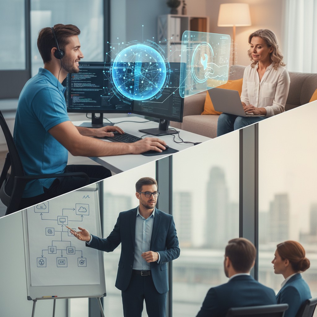 People in a workplace setting. The upper section of the image shows a man wearing a headset at a computer desk, working wi...
